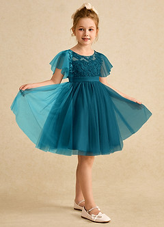 Azazie Queenie Flower Girl Dresses Ink Blue A-Line Lace Dress image5