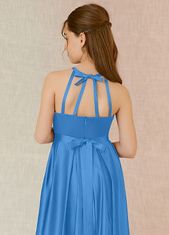 Azazie Arianthe Junior Abito A-Line in Raso Opaco Con Tasche Blue Jay image7