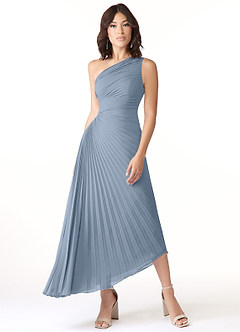 Azazie Kirra Bridesmaid Dresses Dusty Blue A-Line One Shoulder Chiffon Dress image1