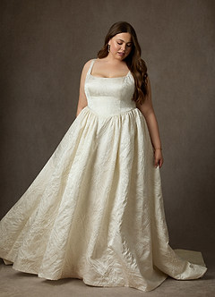 Azazie Skylin Wedding Dresses Antique White Champagne Ball-Gown with Pockets Floral Jacquard Dress image14