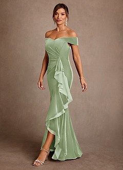 Azazie Billings Mother of the Bride Dresses Dusty Sage Mermaid Off the Shoulder Velvet Dress image2