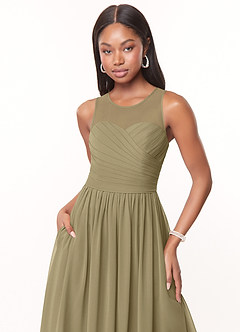 Azazie Nina Abiti da Damigella Abito A-Line in Chiffon Plissettato Verde Muschio image5