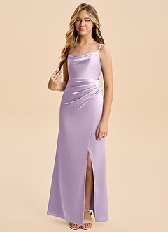 Azazie Christen Junior Vestido de Lila Esmerilada de Satén Elástico de Corte en A con Plisado image4