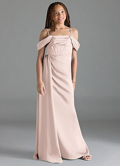 Azazie Amyra Junior Blushing Pink Sheath Off the Shoulder Stretch Satin Dress image1