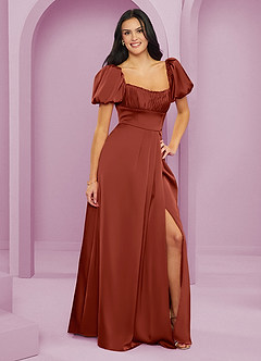 Barbie ♥ Azazie Bridesmaid Dresses Terracotta A-Line Ruched Stretch Satin Dress image4