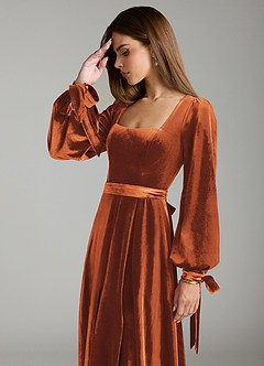 Azazie Leonia Bridesmaid Dresses Burnt Orange A-Line Long Sleeve Velvet Dress image6