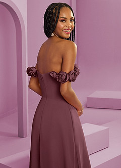 Barbie ♥ Azazie Suknie dla druhen Rozkloszowana szyfonowa sukienka z odkrytymi ramionami i kwiatowymi rozetkami image2