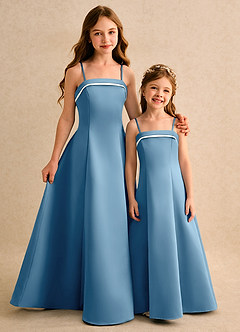 Azazie Izel Girls Formal Flower Girl Dresses Ivory Steel Blue A-Line Pleated Matte Satin Dress image2