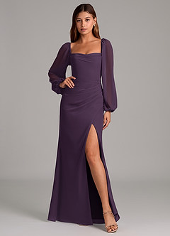 Azazie Brixley Jurken voor bruidsmeisjes Jurk van Chiffon met Zeemeermin Lange mouw Pruim image6