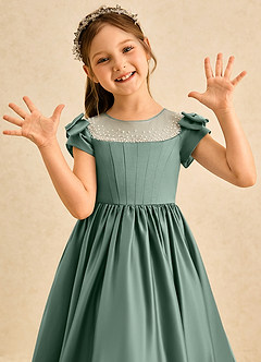 Azazie Toffee Abiti da Ragazza di Fiori Abito Stile Principessa in Raso Opaco Fiocco Eucalipto image6