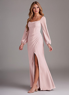 Azazie Charissa Bridesmaid Dresses Blushing Pink Sheath Long Sleeve Chiffon Dress image4