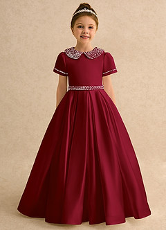 Azazie Gabriella Flower Girl Dresses Burgundy Ball-Gown with Sleeves Matte Satin Dress image4