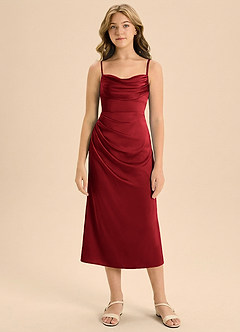 Azazie Mai Junior Osłona Pofałdowany Satyna elastyczna Długość herbaty Młodsza druhna Sukienka image3