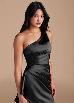Azazie Latrice Brautjungfernkleider Etui One-Shoulder Metallischer Satin Kleid Schwarz image3