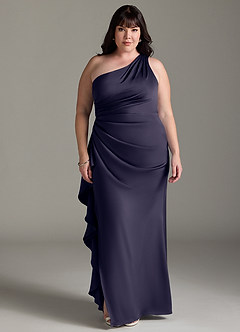 Azazie Latrice Bridesmaid Dresses Stormy Sheath One Shoulder Cascading Ruffles Stretch Satin Dress image6
