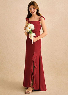 Azazie Novalie Girls Formal Flower Girl Dresses Pomegranate Mermaid Bow Stretch Satin Dress image2