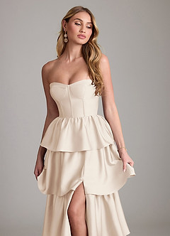 Azazie Faye Bridesmaid Dresses White Alabaster A-Line Ruched Stretch Satin Dress image5