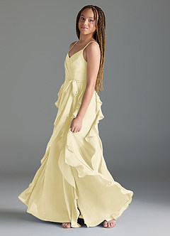 Azazie Peyton Junior Lemon Sorbet A-Line V-Neck Cascading Ruffles Chiffon Dress image4