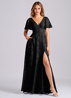 Azazie Kimber Jurken voor bruidsmeisjes Jurk van Bloemen Burn-out met A-Lijn met Zakken Zwart image1