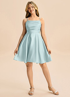 Azazie Miko Junior Linia A Pofałdowany Satyna elastyczna Mini Młodsza druhna Sukienka image5