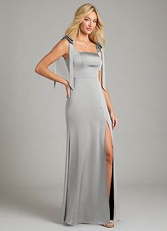 Azazie Frostine Vestidos de damas de honor Vestido de Plata de Satén Elástico de Corte en A con Lazo image5