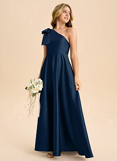 Azazie Penguin Junior Abito A-Line in Raso Elasticizzato Fiocco Marino Scuro image6