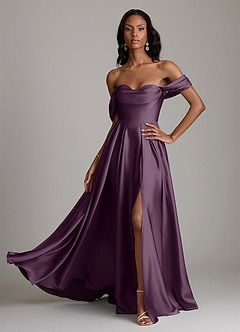 Azazie Loisa Abiti da Damigella Abito A-Line in Raso Elasticizzato a Spalla Scoperta Prugna image1