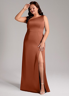 Azazie Phaedra Bridesmaid Dresses Cedar Rose A-Line One Shoulder Stretch Satin Dress image10