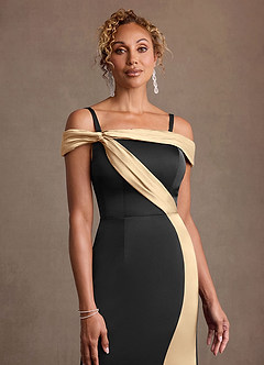 Azazie Constance vestidos de madre de la novia Vestido Negro Champán de Satén Elástico de Corte Sirena con Hombros descubiertos image5