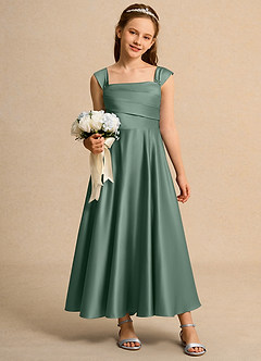 Azazie Bundle Girls Formal vestidos de niña de las flores Vestido de Eucalipto de Satin Mate de Corte en A con Plisado image3