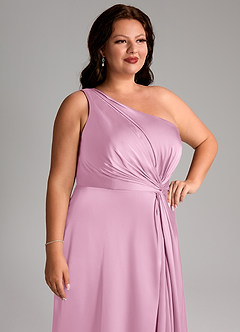 Azazie Brooke Bridesmaid Dresses Candy Pink A-Line One Shoulder Stretch Satin Dress image6