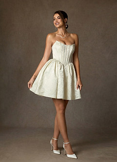 Azazie Demetrius At-home Try On Dresses Antique White A-Line Strapless Floral Jacquard Dress image4