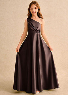 Azazie Puddles Girls Formal Flower Girl Dresses Ganache A-Line One Shoulder Matte Satin Dress image5