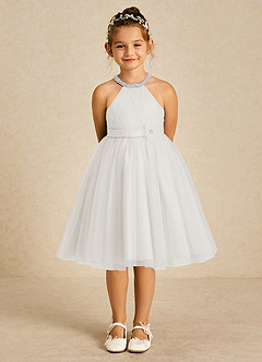 Azazie Honey Flower Girl Dresses Diamond White A-Line Beaded Matte Satin Dress image1