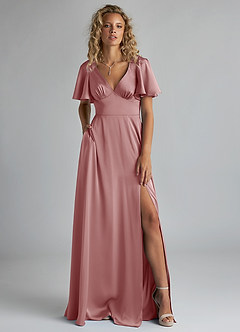 Azazie Kimber Robes de demoiselle d'honneur Robe Trapèze en Satin extensible Rayé Rose Poussiéreuse image1
