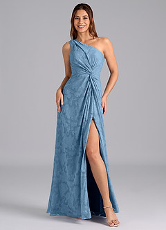 Azazie Brooke Jurken voor bruidsmeisjes Jurk van Bloemen Burn-out met A-Lijn One-Shoulder Staal Blauw image4