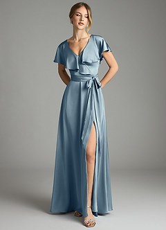 Azazie Lainey Bridesmaid Dresses Dusty Blue A-Line with Pockets Stretch Satin Dress image3