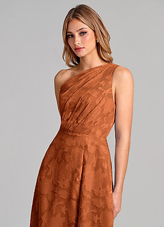 Azazie Phaedra Abiti da Damigella Abito A-Line in Burnout Floreale Monospalla Arancia Bruciata image7