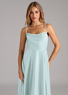 Azazie Elle Bridesmaid Dresses Sea Glass A-Line Pleated Stretch Satin Dress image2