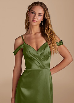 Azazie Ocean Brautjungfernkleider A-Linie Schulterfrei Metallischer Satin Kleid Olivgrün image6