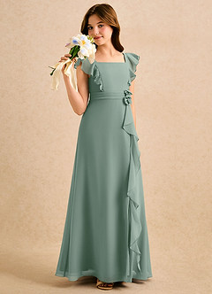 Azazie Soso Girls Formal Robe Demoiselle D'honneur Fillette Robe Trapèze en Mousseline de soie Plissé Sauge D'argent image4