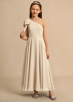 Azazie Guppy Junior Formal vestidos de niña de las flores Vestido de Champán de Gasa de Corte En A con Hombro unilateral image3