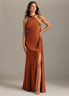 Azazie Kinsley Bridesmaid Dresses Cinnamon Mermaid Side Slit Stretch Satin Dress image1