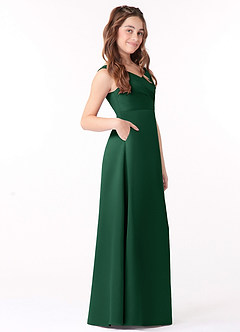 Azazie Sadia Junior Dark Green A-Line Pleated Stretch Satin Dress image2