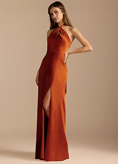 Azazie Tracie Bridesmaid Dresses Paprika A-Line Pleated Metallic Satin Dress image4