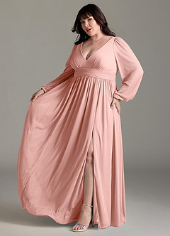 Azazie Norah Robes de demoiselle d'honneur Robe Trapèze en Mousseline de soie Col en V, manches longues Rosette image10