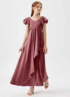 Azazie Omari Junior Desert Rose A-Line Pleated Stretch Satin Dress image1