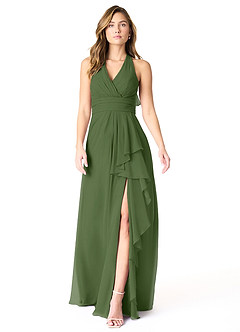 Azazie Aviv Bridesmaid Dresses Olive A-Line Pleated Chiffon Dress image1