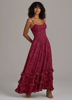 Azazie Lettie Bridesmaid Dresses Burgundy A-Line Corset Floral Burnout Dress image4
