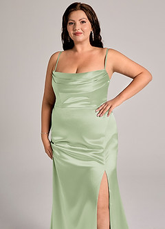 Azazie Saige Bridesmaid Dresses Dusty Sage Sheath Off the Shoulder Metallic Satin Convertible Dress image15